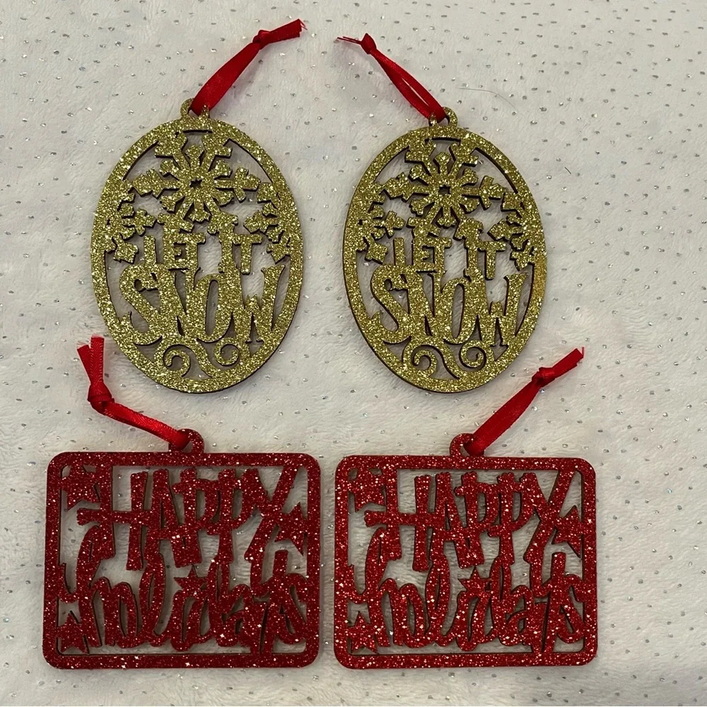 Glittery “Let it Snow” and “Happy Holidays” Ornament Set Rounds and Squares